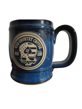 Zero Foxtrot God Country Coffee Cup Heavy Mug, Blue Drip Glaze Pottery, USA